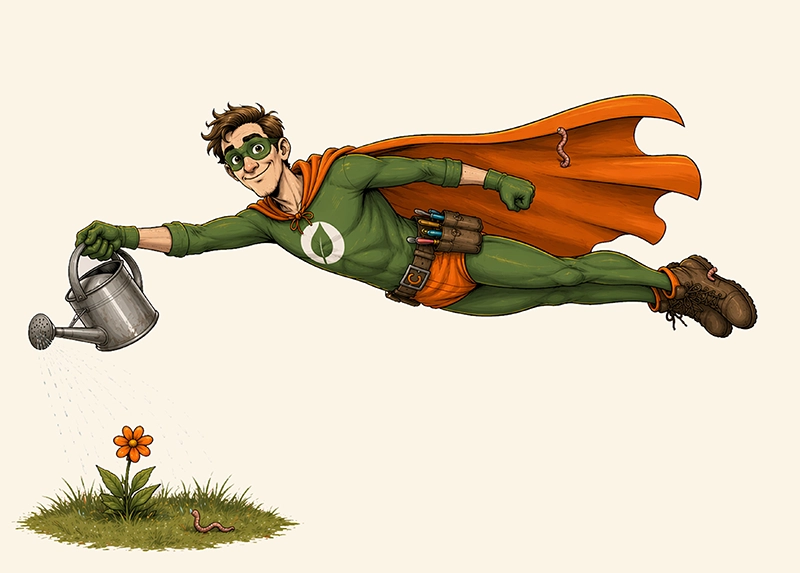 Captain Compost Flying with watering can
